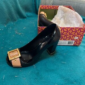 Chanel Black and Tan Heels with Gold Buckle